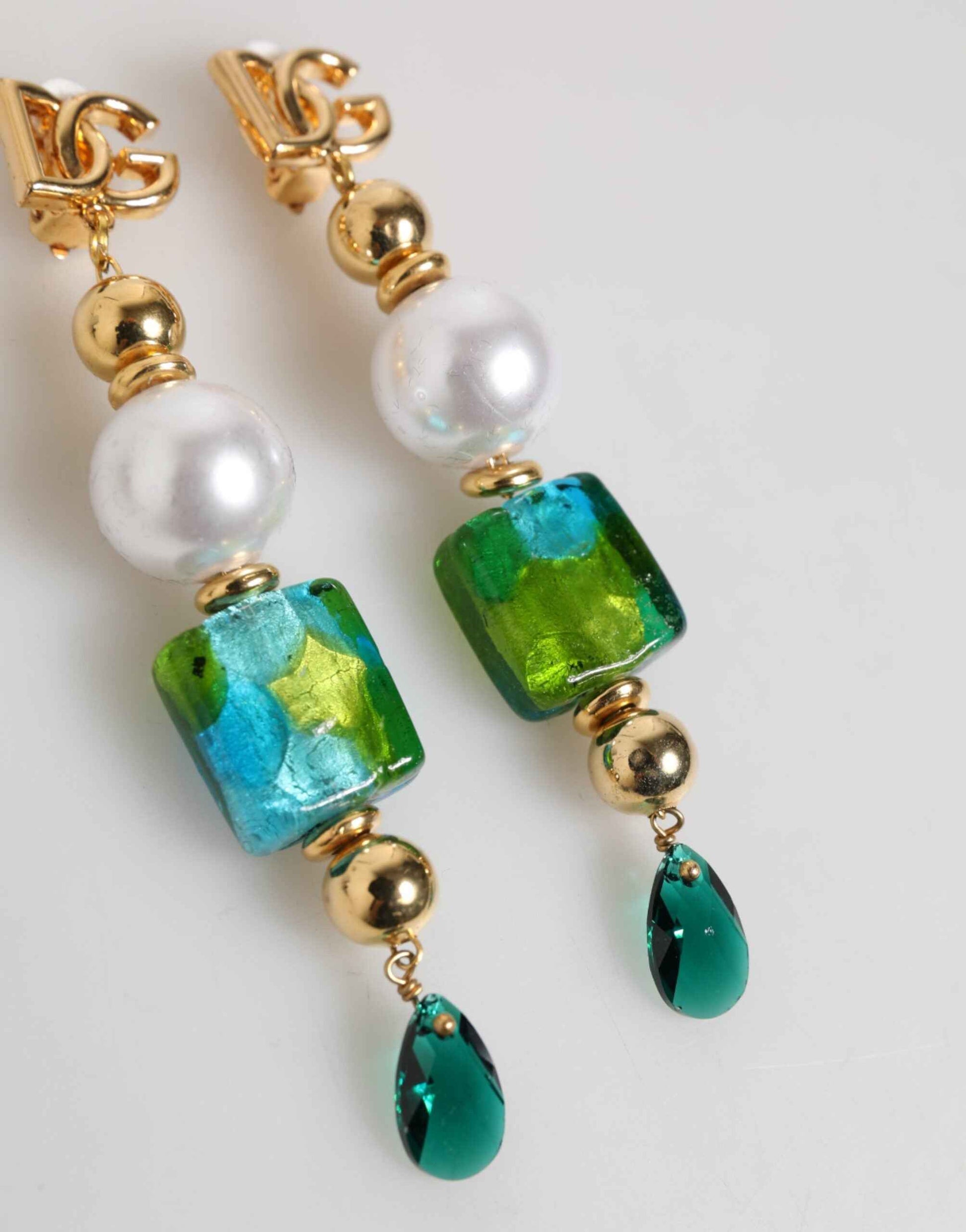 Dolce & Gabbana Gold Brass Multicolour Pearl Green Blue Drop Logo DG Earrings by Dolce & Gabbana
