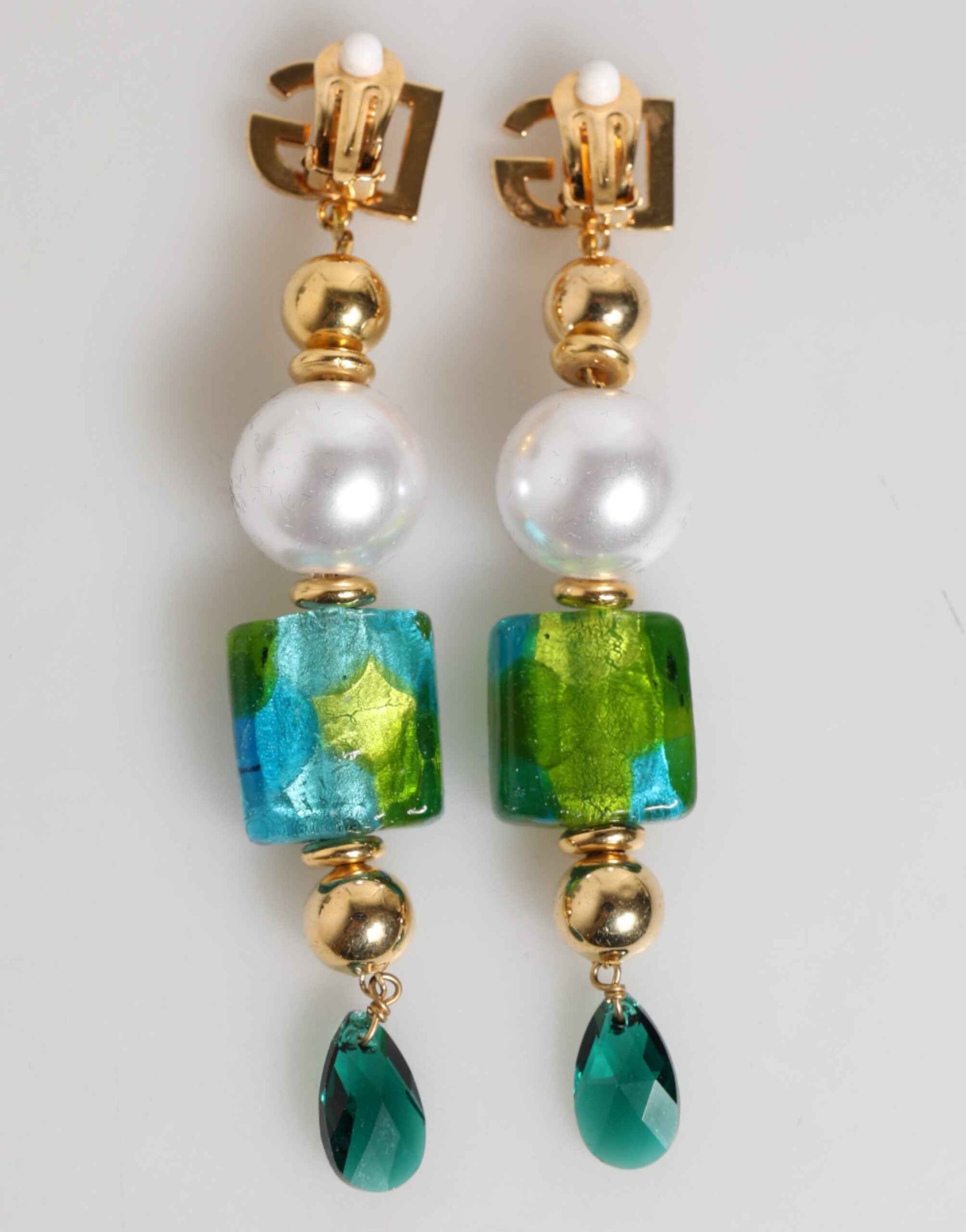 Dolce & Gabbana Gold Brass Multicolour Pearl Green Blue Drop Logo DG Earrings by Dolce & Gabbana