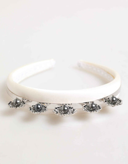 Dolce & Gabbana White Satin Palladium Silver Floral Crown Tiara Headband by Dolce & Gabbana