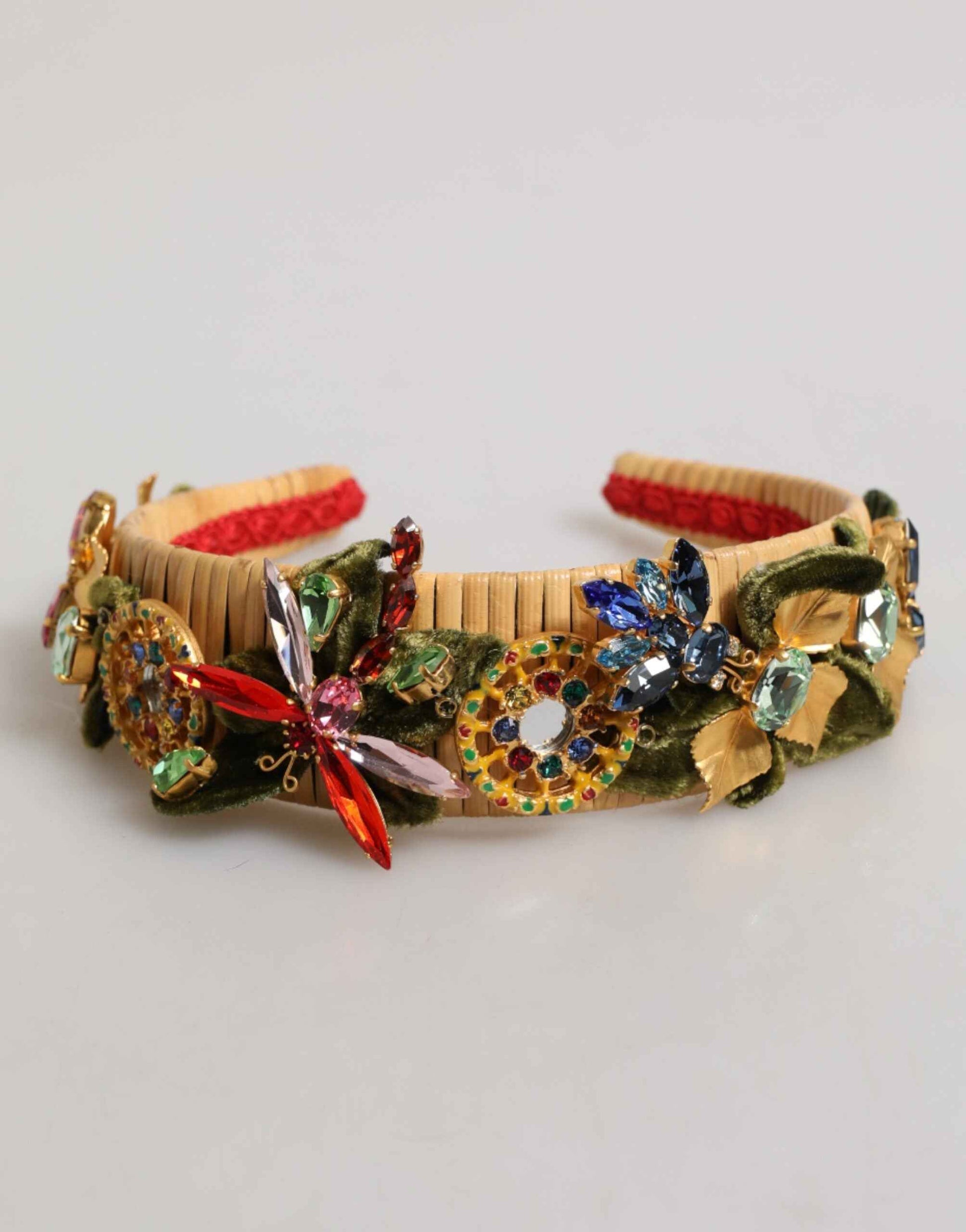 Dolce & Gabbana Multicolor Crystal Floral Gold Green Velvet Crown Headband by Dolce & Gabbana