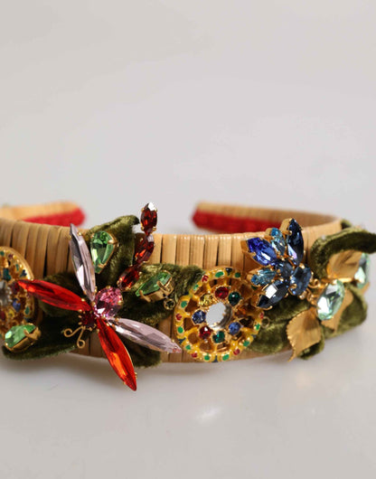 Dolce & Gabbana Multicolor Crystal Floral Gold Green Velvet Crown Headband by Dolce & Gabbana