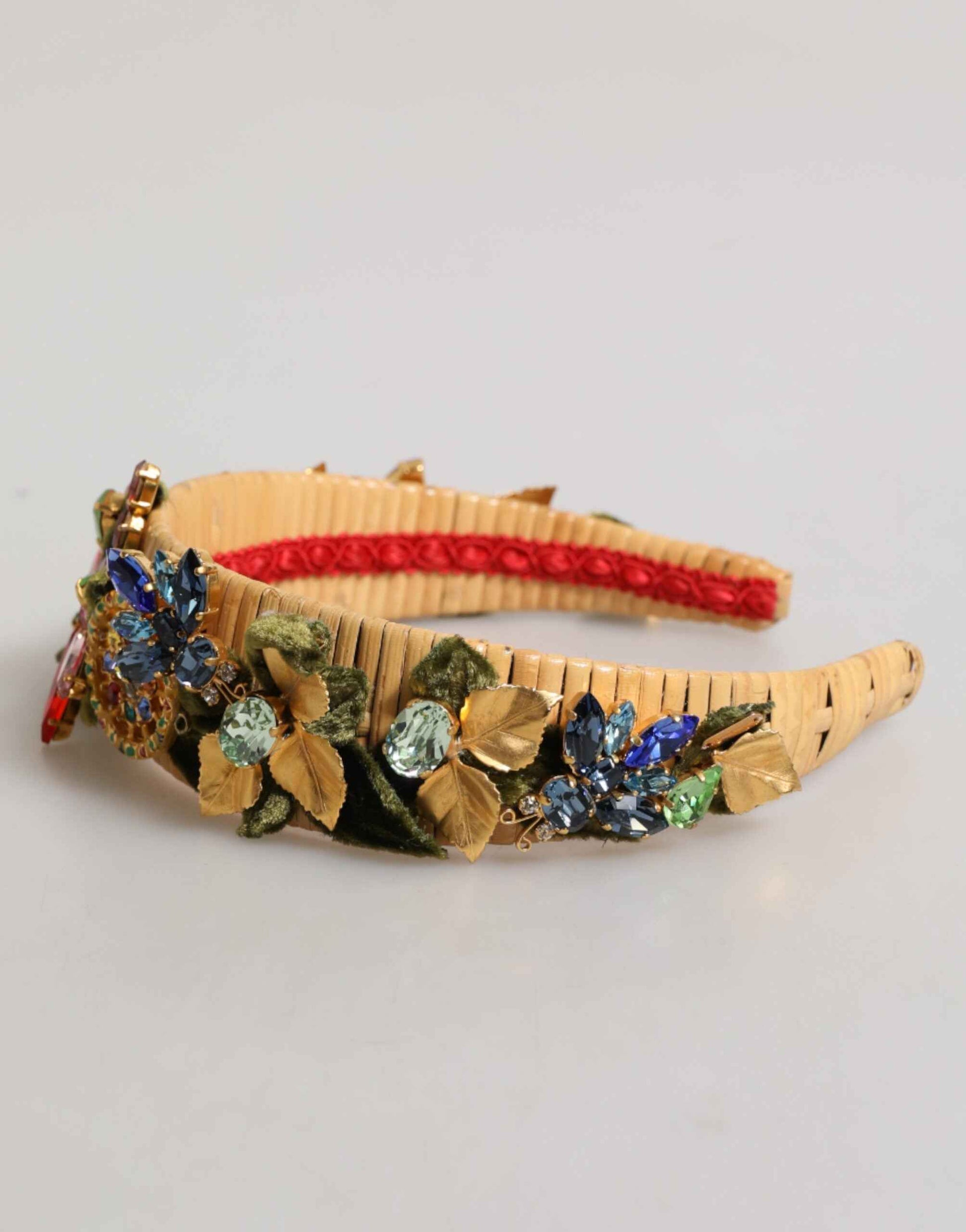 Dolce & Gabbana Multicolor Crystal Floral Gold Green Velvet Crown Headband by Dolce & Gabbana