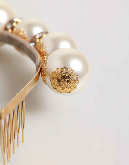 Dolce & Gabbana Gold Pearl Crystal Embellished Tiara Hair Accessory Headband by Dolce & Gabbana