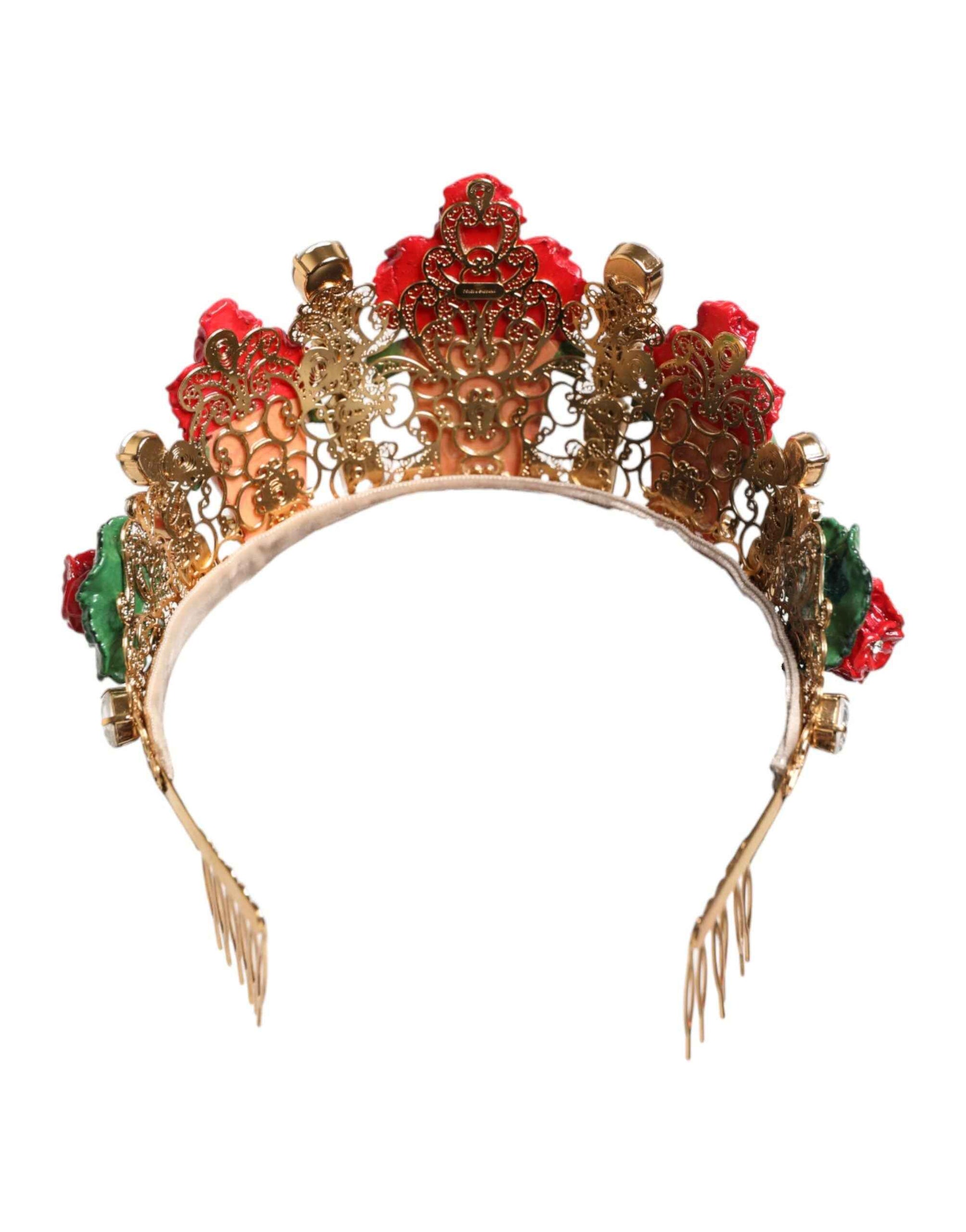 Dolce & Gabbana Red Floral Flowerpot Crystal Gold Crown Tiara Headband by Dolce & Gabbana