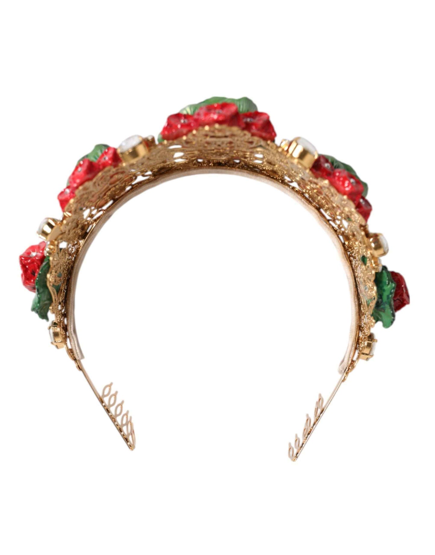 Dolce & Gabbana Red Floral Flowerpot Crystal Gold Crown Tiara Headband by Dolce & Gabbana