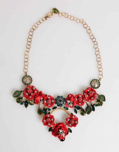 Dolce & Gabbana Red Rose Floral Crystal Embellished Statement Jewelry Necklace by Dolce & Gabbana