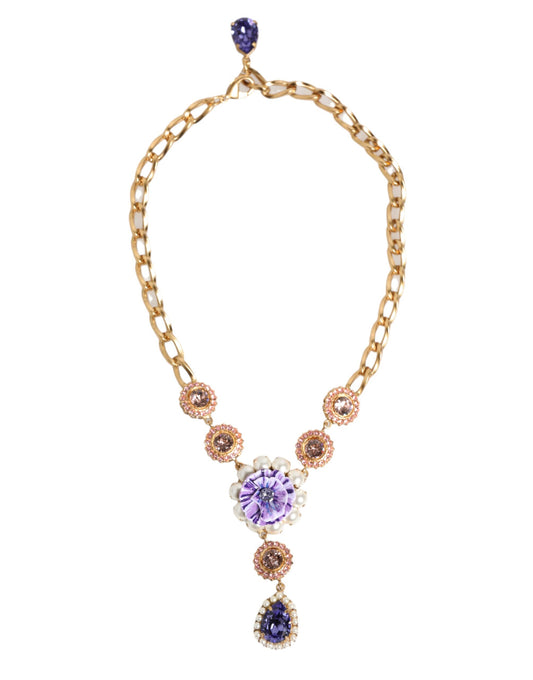 Dolce & Gabbana Gold Brass Crystal Pearl Purple Floral Pendant Jewelry Necklace - from Dolce & Gabbana