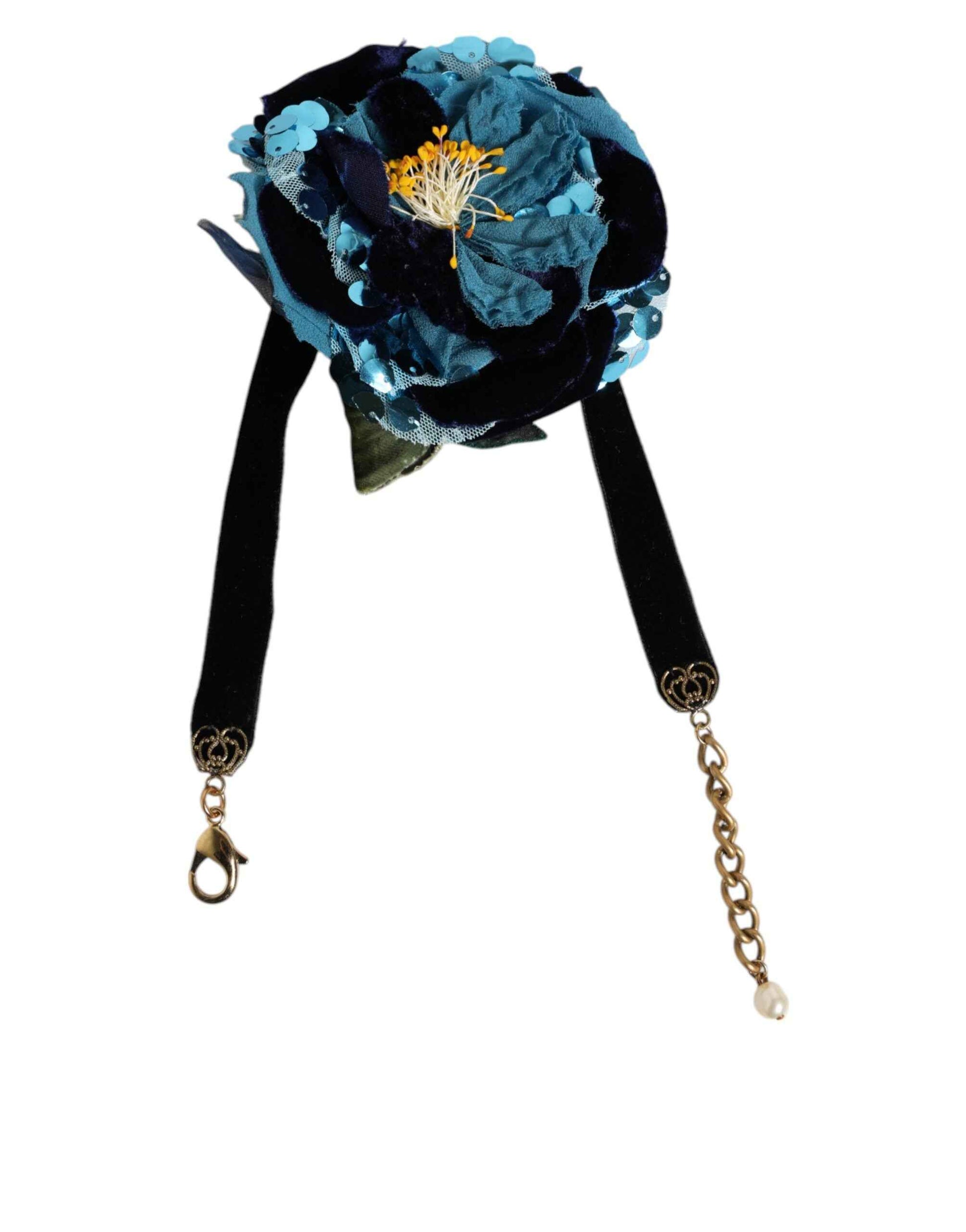 Dolce & Gabbana Blue Floral Appliqué Velvet Choker Crystal Beads Necklace by Dolce & Gabbana