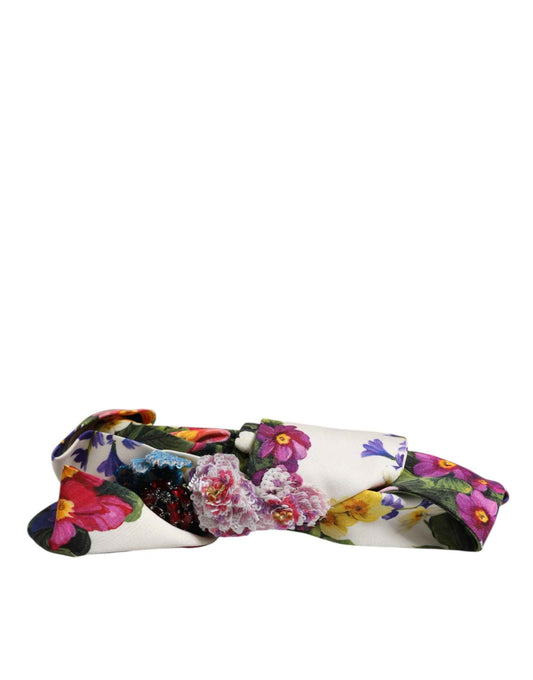 Dolce & Gabbana White Multicolor Floral Silk Bow Crystal Embellished Headband by Dolce & Gabbana