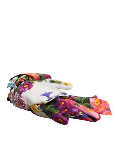 Dolce & Gabbana White Multicolor Floral Silk Bow Crystal Embellished Headband by Dolce & Gabbana