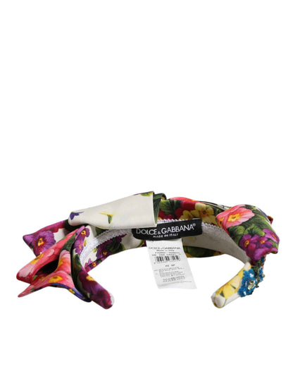 Dolce & Gabbana White Multicolor Floral Silk Bow Crystal Embellished Headband by Dolce & Gabbana
