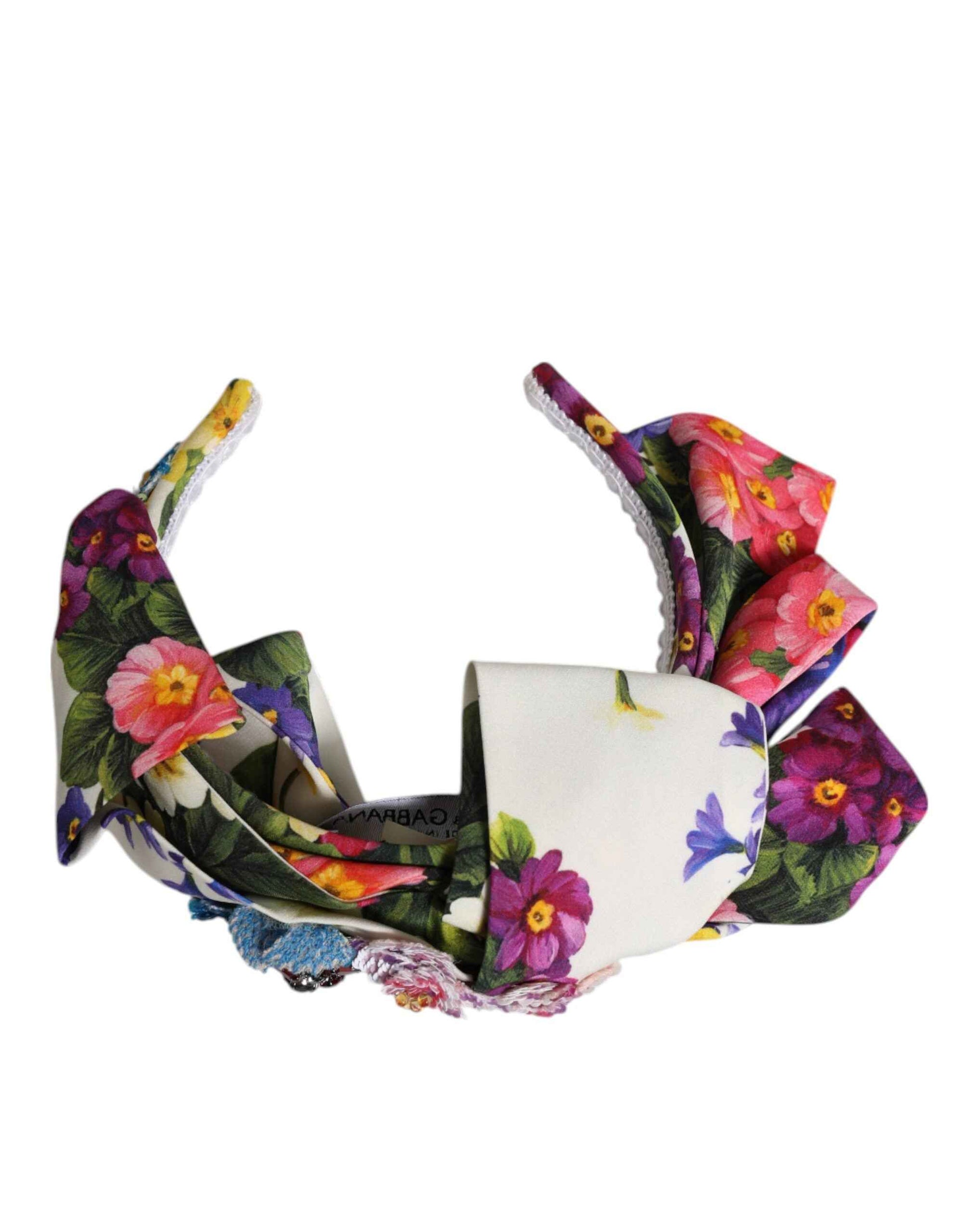 Dolce & Gabbana White Multicolor Floral Silk Bow Crystal Embellished Headband by Dolce & Gabbana