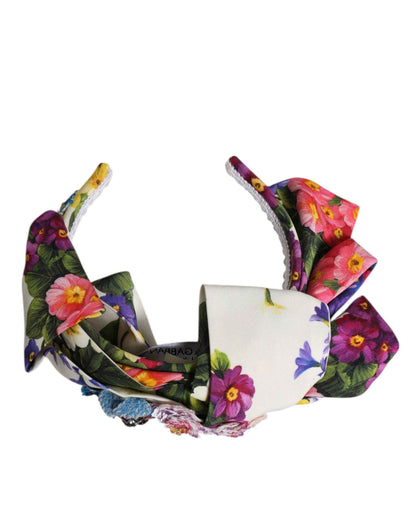 Dolce & Gabbana White Multicolor Floral Silk Bow Crystal Embellished Headband by Dolce & Gabbana