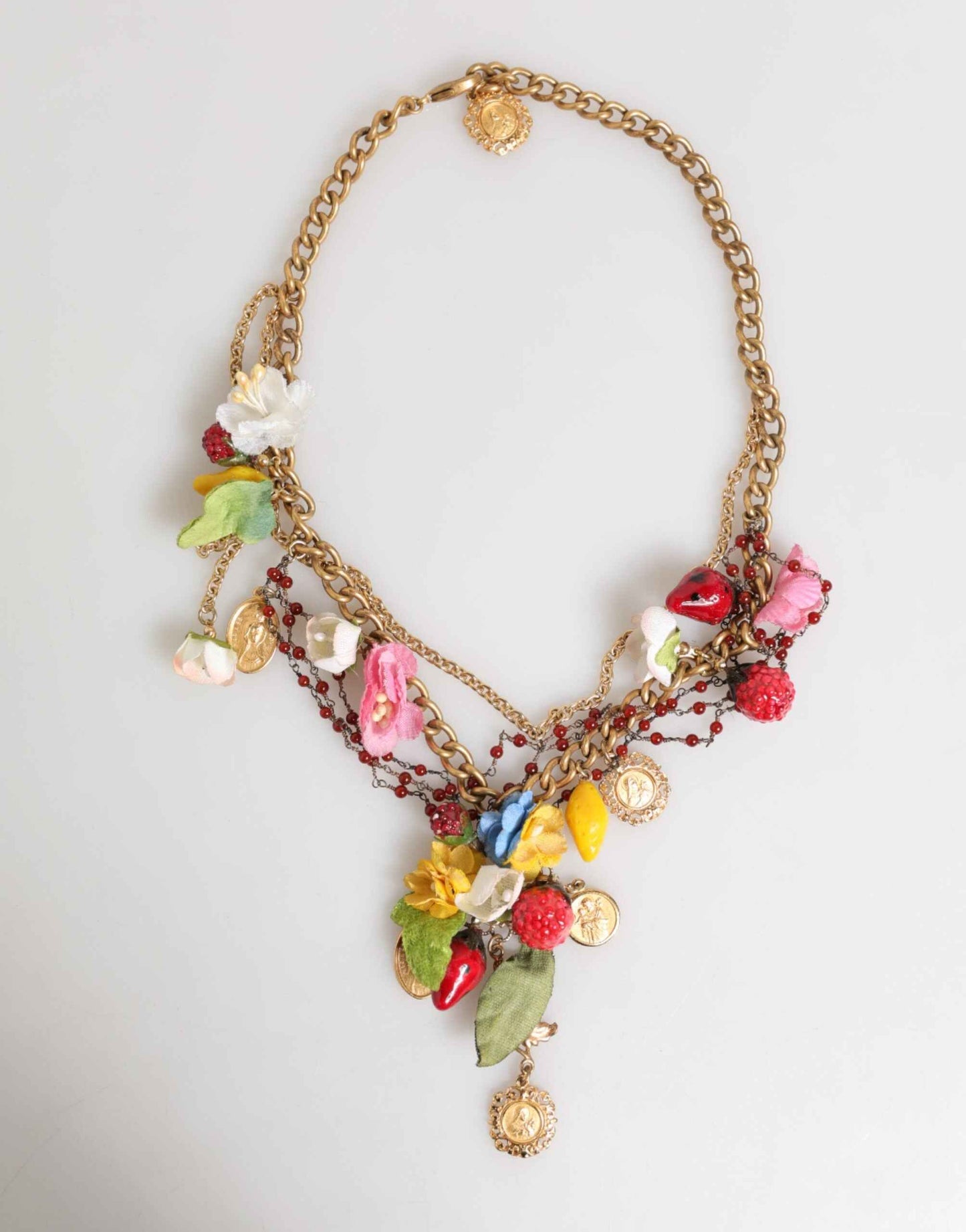 Dolce & Gabbana Estate Multicolor Floral Fruit Gold Chain Statement Necklace by Dolce & Gabbana