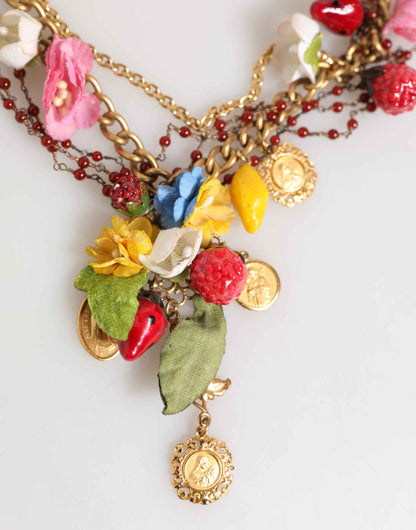 Dolce & Gabbana Estate Multicolor Floral Fruit Gold Chain Statement Necklace by Dolce & Gabbana