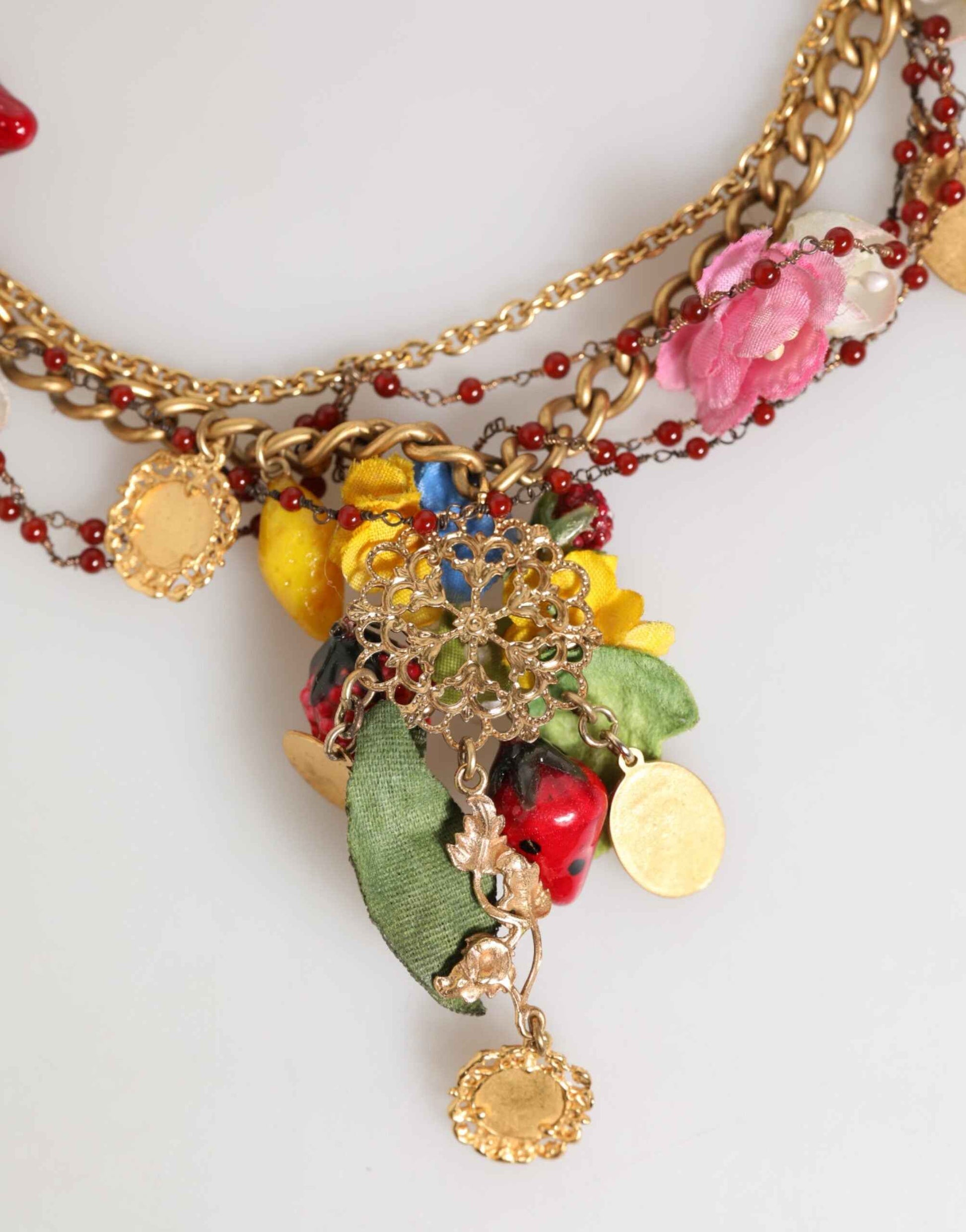 Dolce & Gabbana Estate Multicolor Floral Fruit Gold Chain Statement Necklace by Dolce & Gabbana