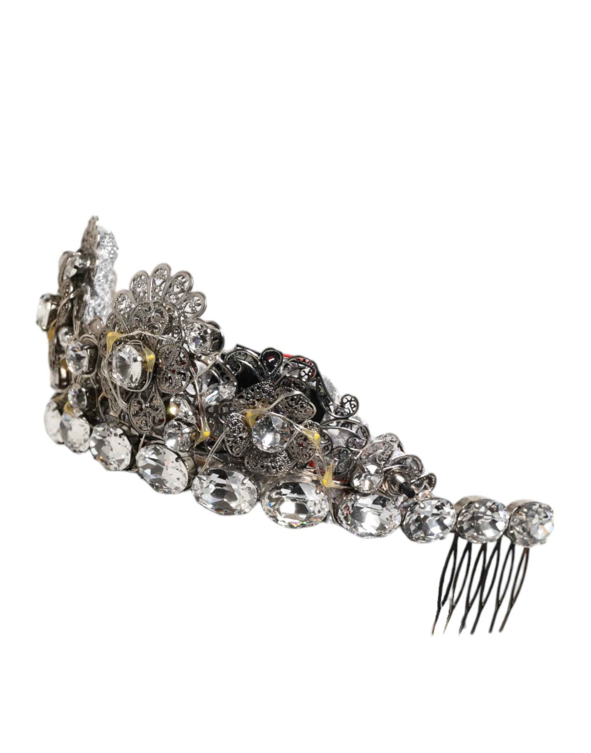 Dolce & Gabbana LED Crystal Embellished Silver Floral Filigree Crown Tiara by Dolce & Gabbana