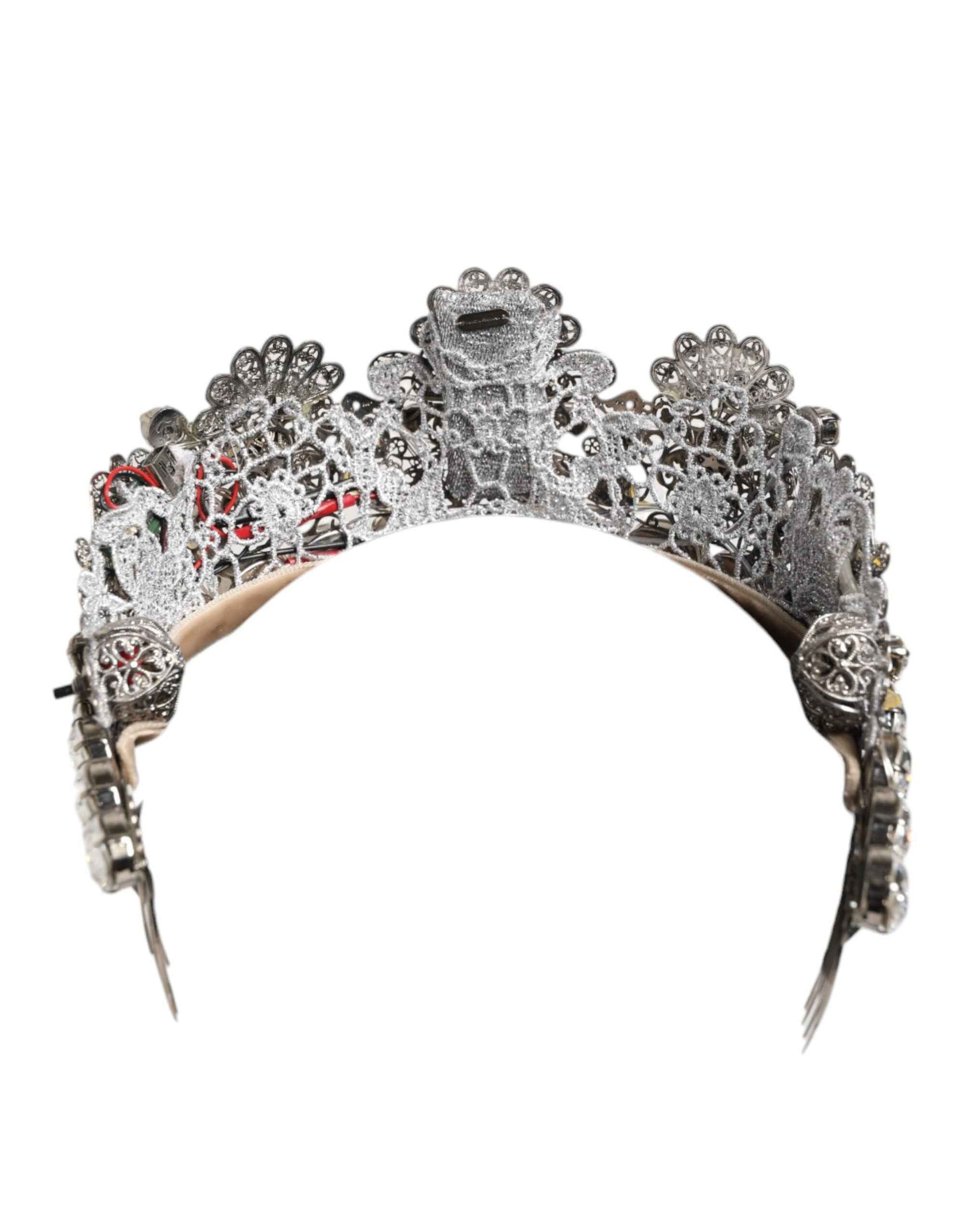 Dolce & Gabbana LED Crystal Embellished Silver Floral Filigree Crown Tiara by Dolce & Gabbana