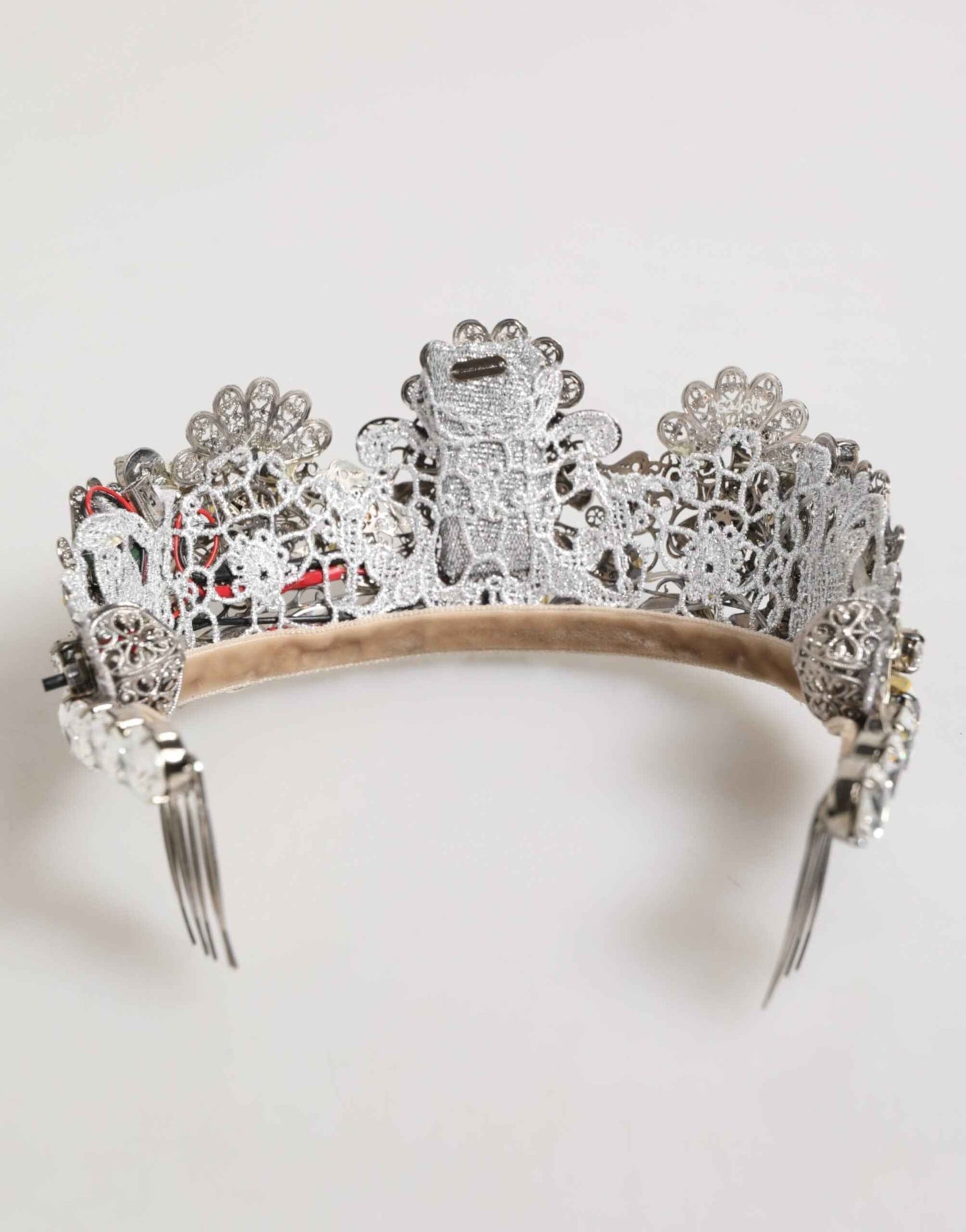 Dolce & Gabbana LED Crystal Embellished Silver Floral Filigree Crown Tiara by Dolce & Gabbana