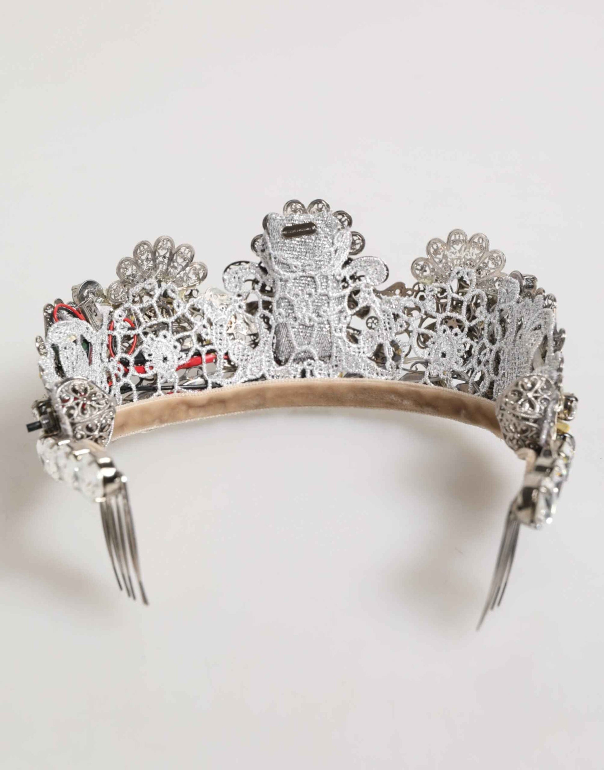 Dolce & Gabbana LED Crystal Embellished Silver Floral Filigree Crown Tiara by Dolce & Gabbana
