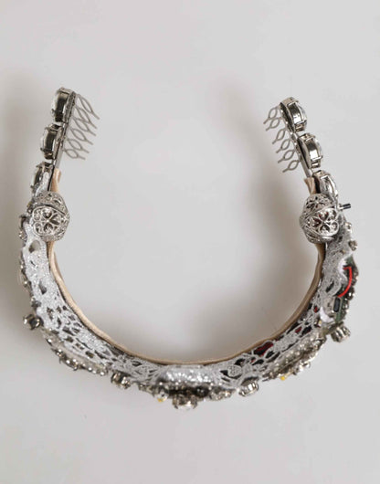 Dolce & Gabbana LED Crystal Embellished Silver Floral Filigree Crown Tiara by Dolce & Gabbana