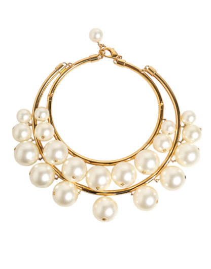 Dolce & Gabbana Gold Brass Faux Pearl Crystal Statement Luxury Jewelry Necklace by Dolce & Gabbana