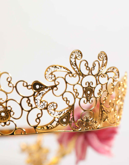 Dolce & Gabbana Gold Floral Tiara Pink Roses Crystal Crown Headband by Dolce & Gabbana