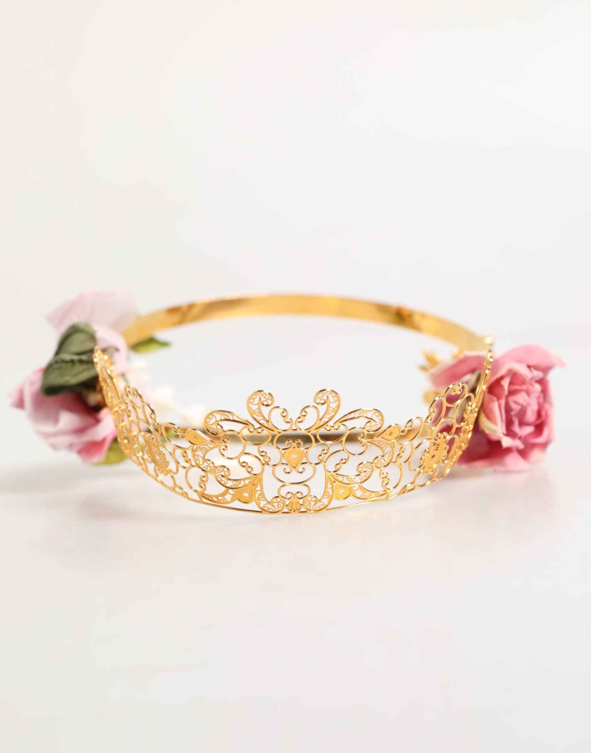 Dolce & Gabbana Gold Floral Tiara Pink Roses Crystal Crown Headband by Dolce & Gabbana