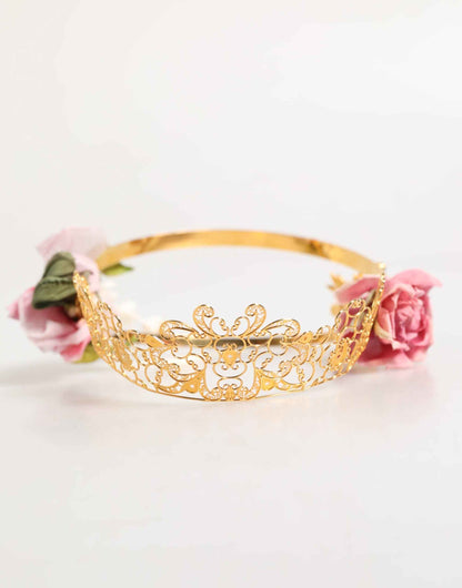 Dolce & Gabbana Gold Floral Tiara Pink Roses Crystal Crown Headband by Dolce & Gabbana
