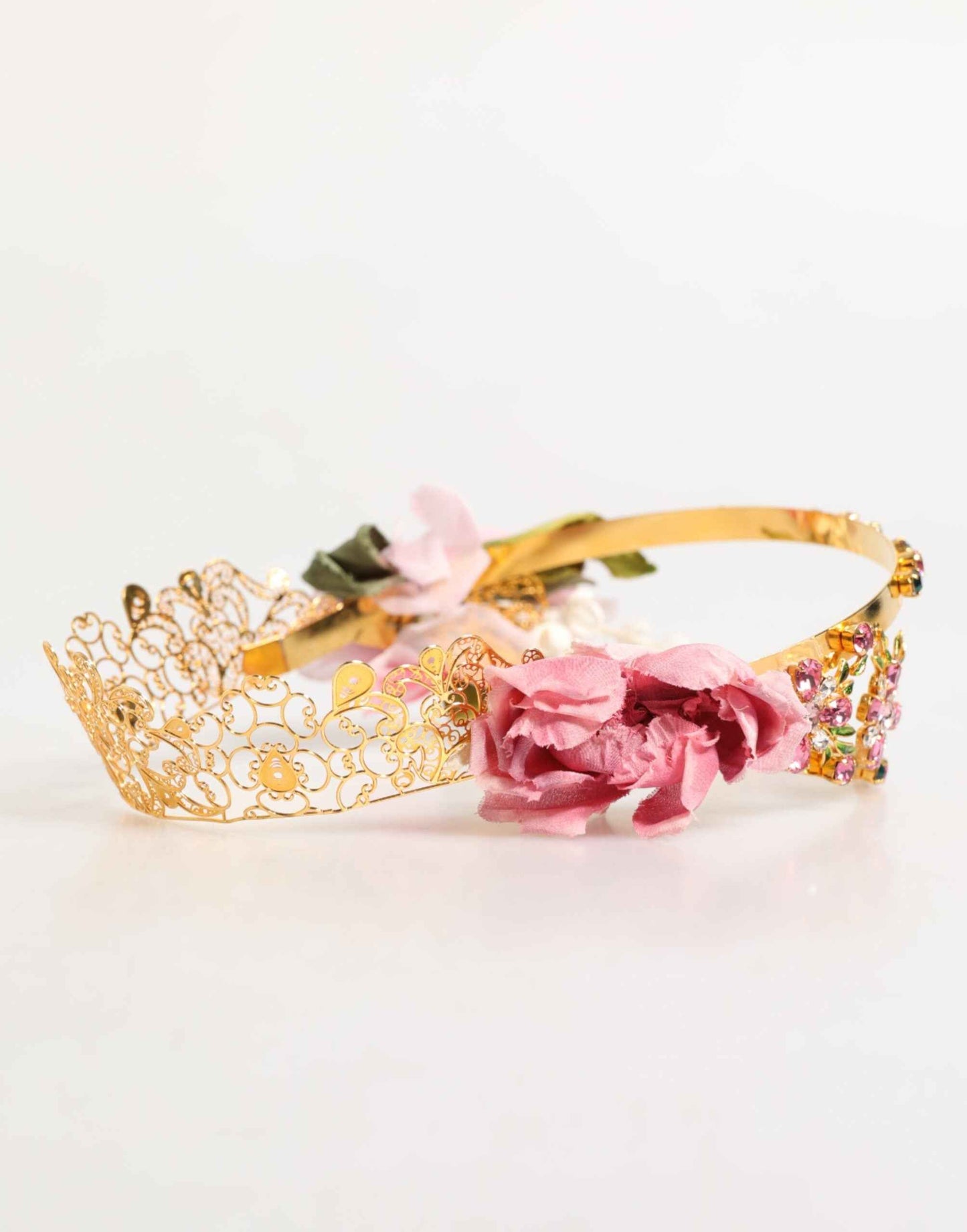 Dolce & Gabbana Gold Floral Tiara Pink Roses Crystal Crown Headband by Dolce & Gabbana