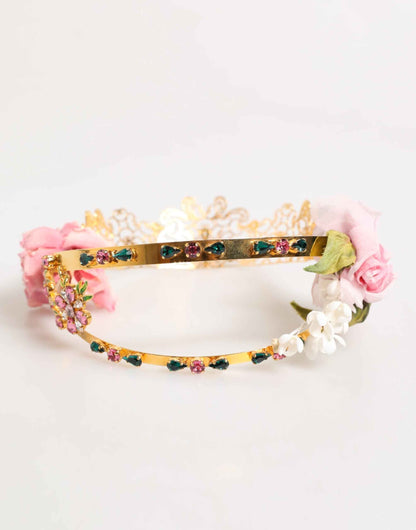 Dolce & Gabbana Gold Floral Tiara Pink Roses Crystal Crown Headband by Dolce & Gabbana