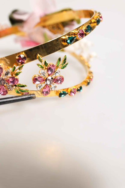 Dolce & Gabbana Gold Floral Tiara Pink Roses Crystal Crown Headband by Dolce & Gabbana