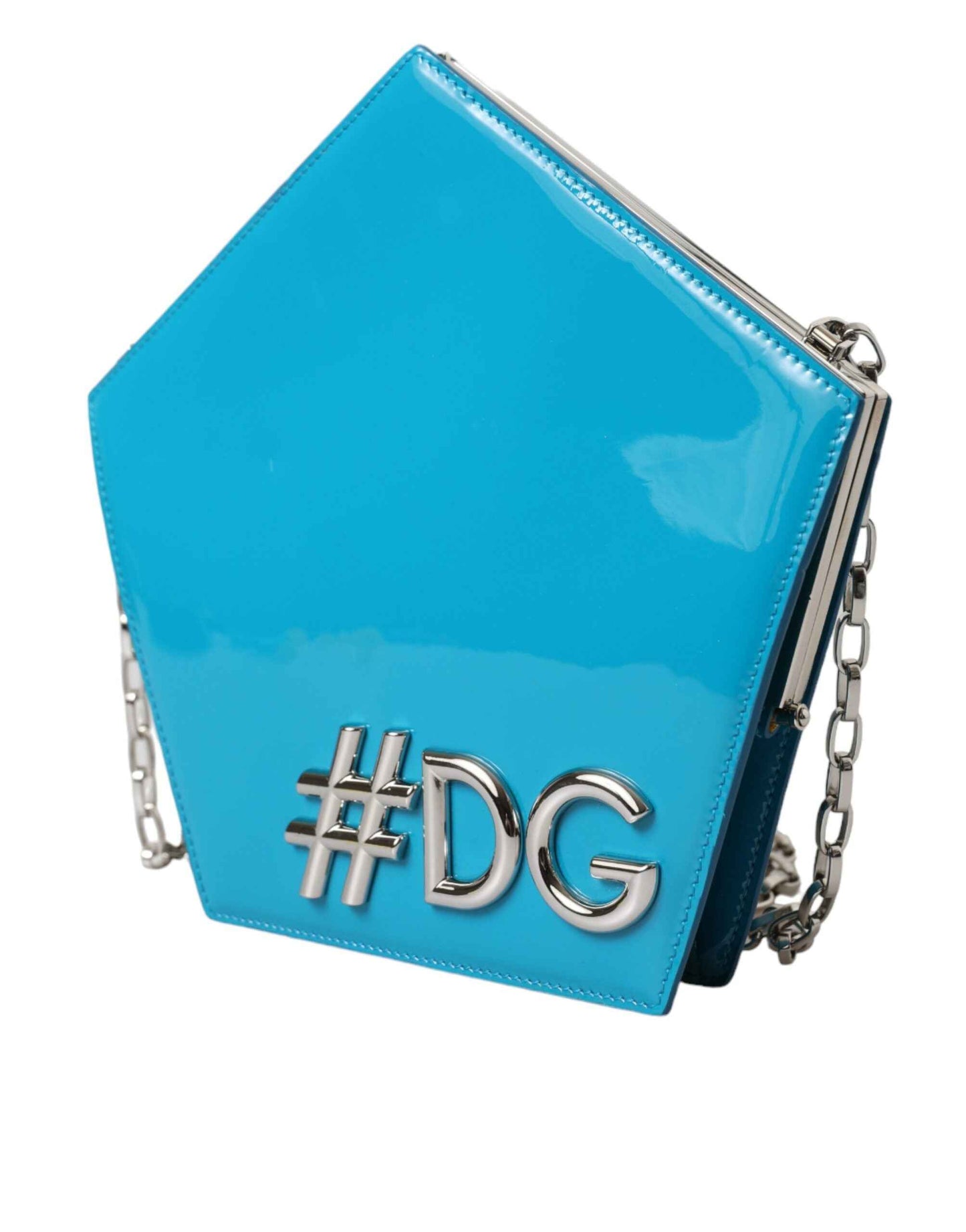 Dolce & Gabbana Blue Patent Leather Hashtag DG Shoulder Chain Flap Bag by Dolce & Gabbana