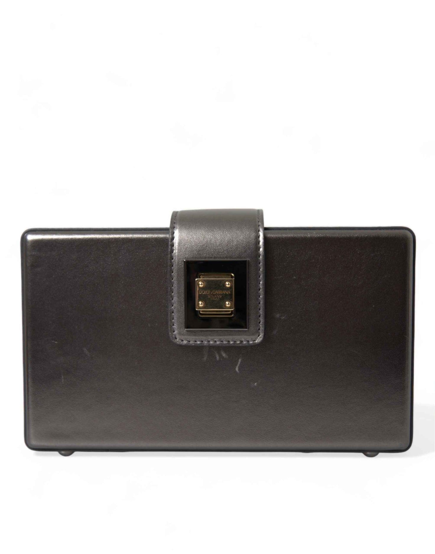 Dolce & Gabbana Steel Gray Leather Box Shape Shoulder Gold DG Logo Plaque Bag by Dolce & Gabbana