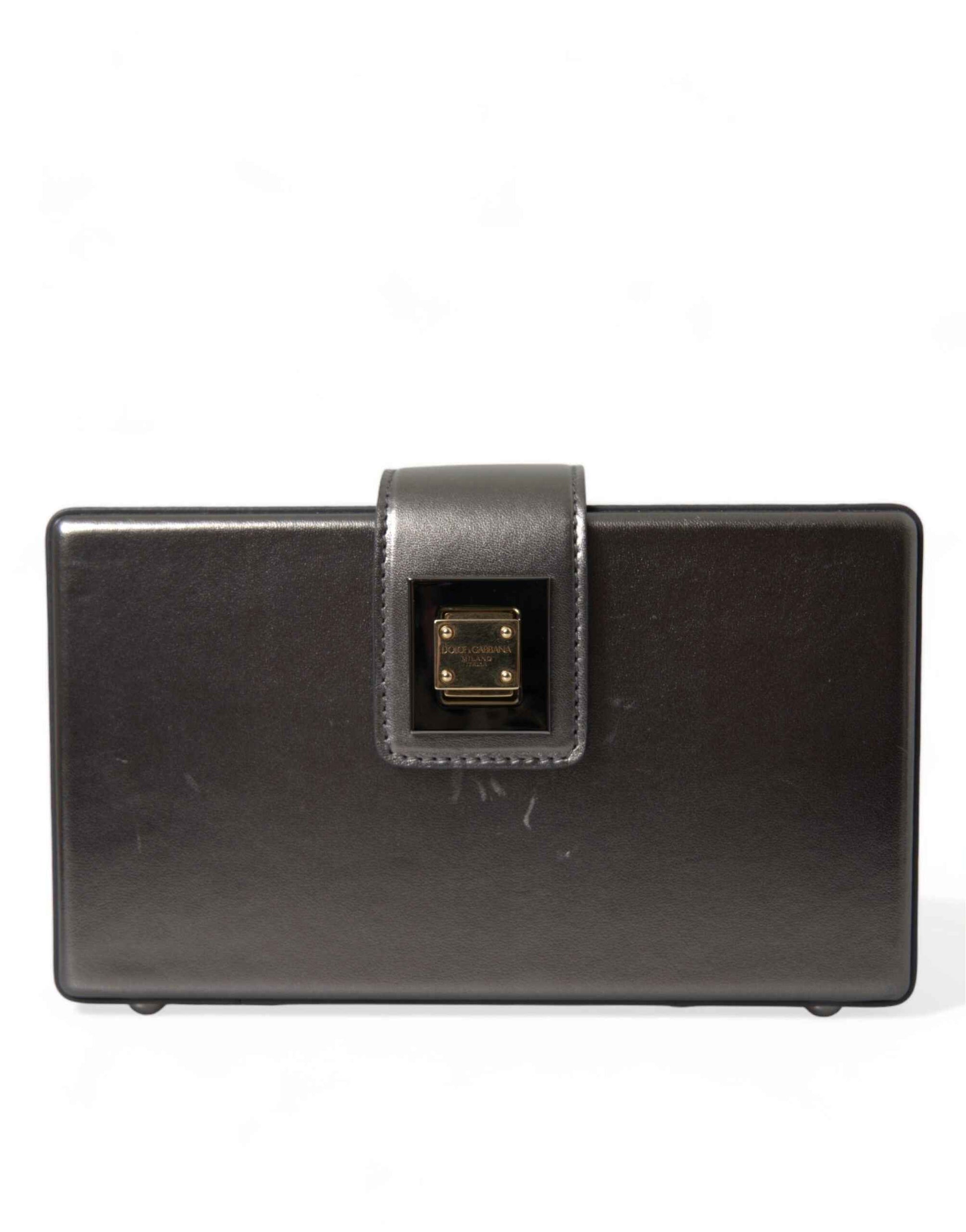 Dolce & Gabbana Steel Gray Leather Box Shape Shoulder Gold DG Logo Plaque Bag by Dolce & Gabbana
