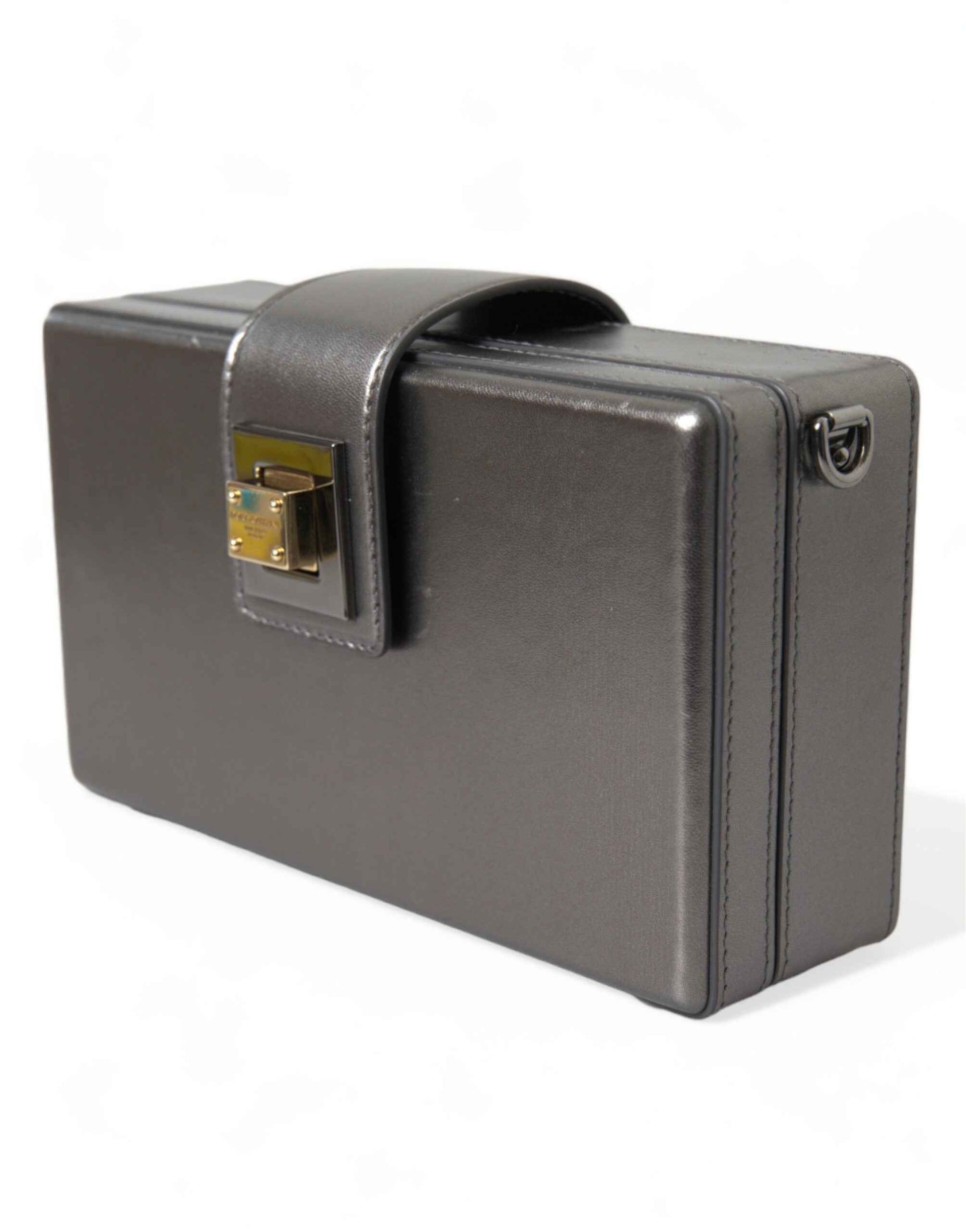 Dolce & Gabbana Steel Gray Leather Box Shape Shoulder Gold DG Logo Plaque Bag by Dolce & Gabbana