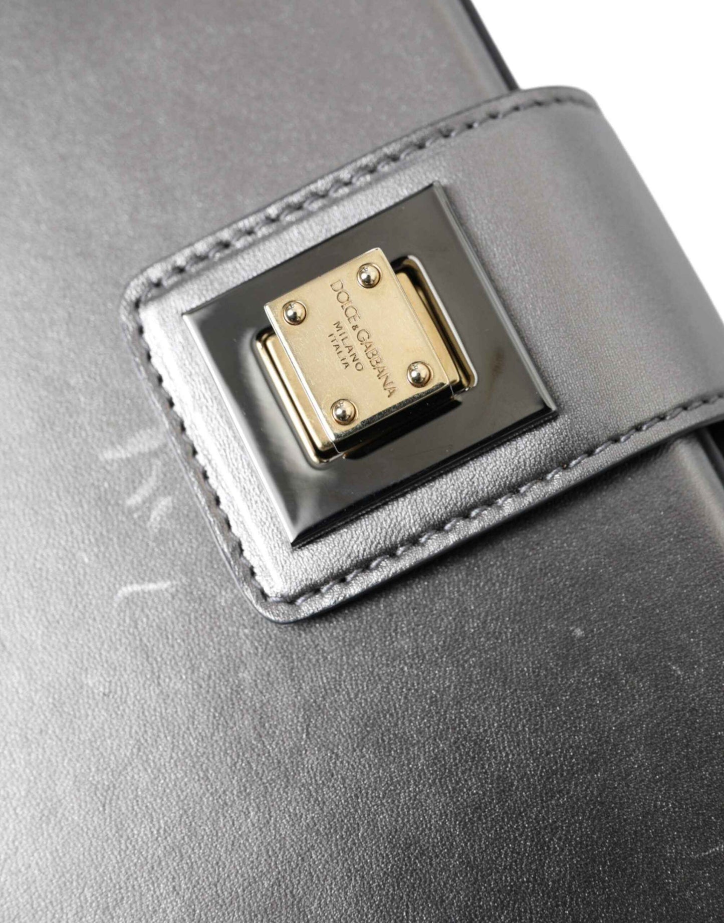 Dolce & Gabbana Steel Gray Leather Box Shape Shoulder Gold DG Logo Plaque Bag by Dolce & Gabbana