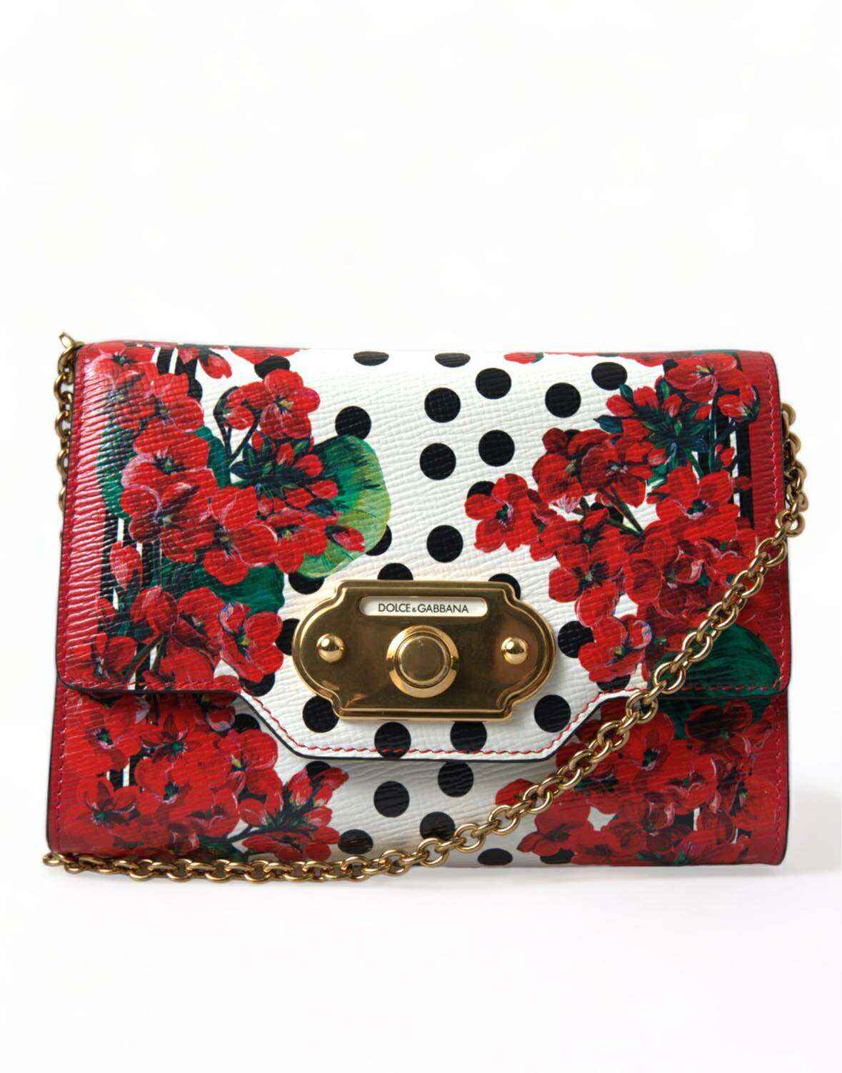 Dolce & Gabbana Red Floral Polka Dot Print Leather Chain DG Logo Shoulder Bag by Dolce & Gabbana