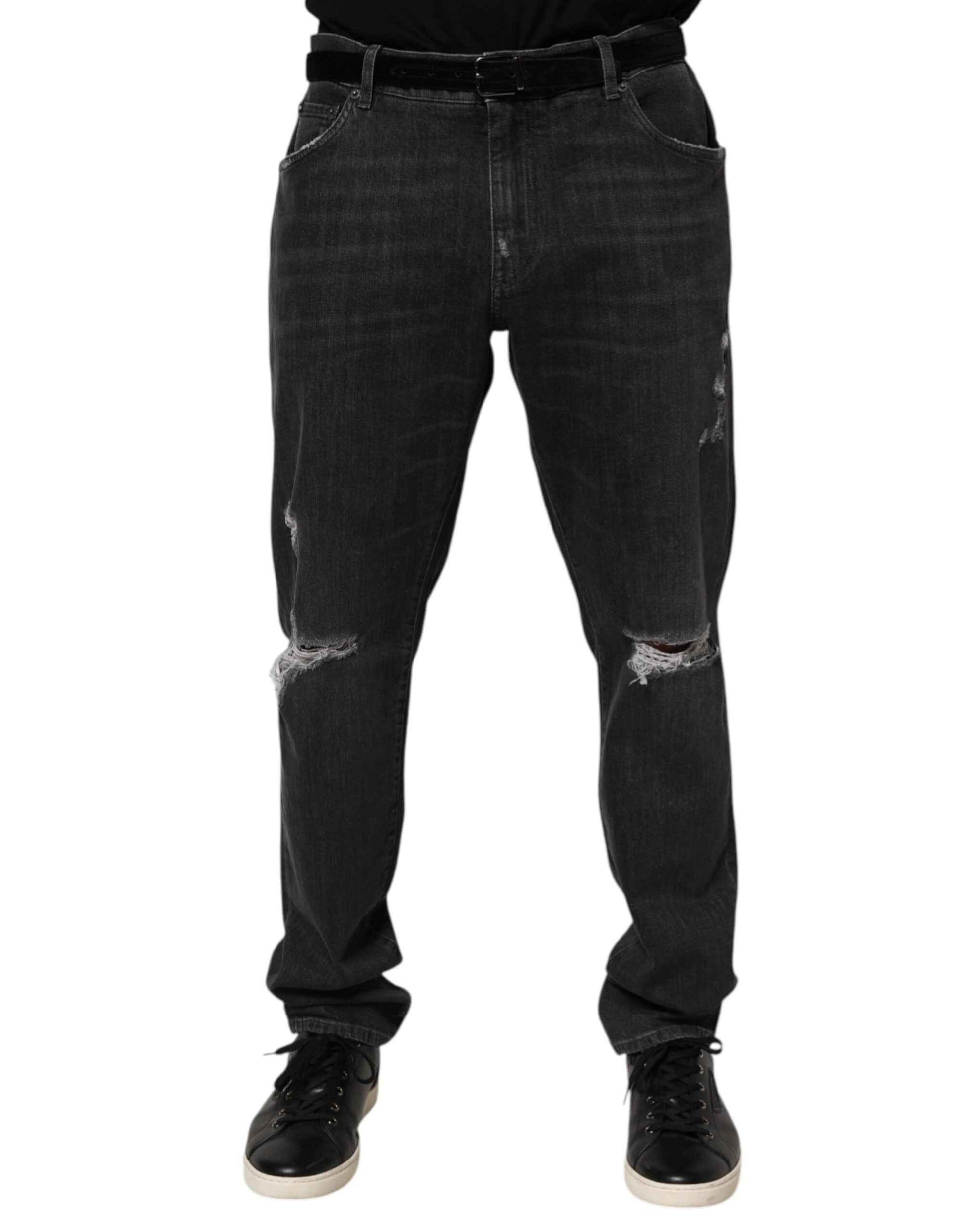 Dolce & Gabbana Black Cotton Slim Fit Distressed Ripped Logo Jeans by Dolce & Gabbana