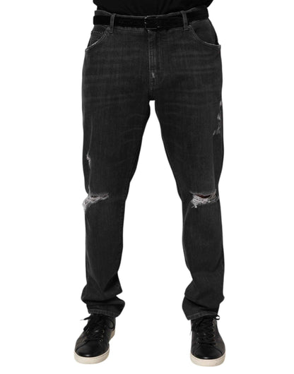 Dolce & Gabbana Black Cotton Slim Fit Distressed Ripped Logo Jeans by Dolce & Gabbana