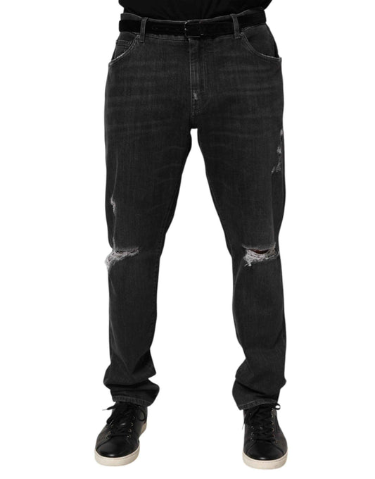 Dolce & Gabbana Black Cotton Slim Fit Distressed Ripped Logo Jeans by Dolce & Gabbana