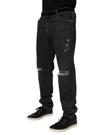 Dolce & Gabbana Black Cotton Slim Fit Distressed Ripped Logo Jeans by Dolce & Gabbana