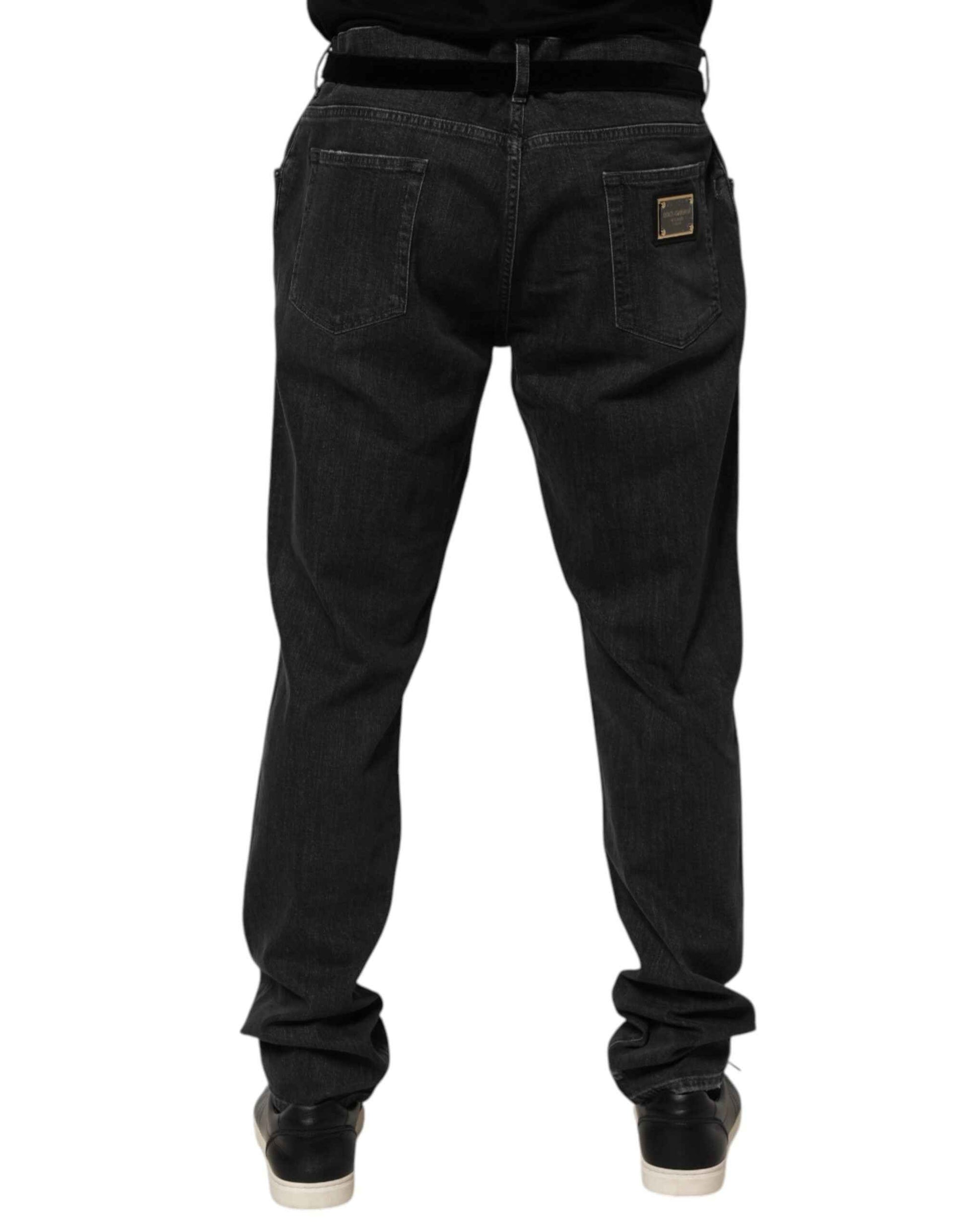 Dolce & Gabbana Black Cotton Slim Fit Distressed Ripped Logo Jeans by Dolce & Gabbana