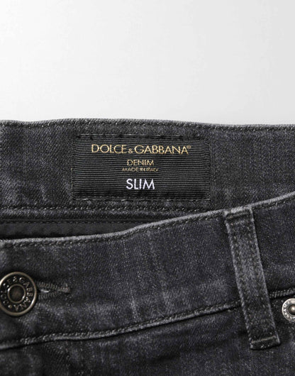 Dolce & Gabbana Black Cotton Slim Fit Distressed Ripped Logo Jeans by Dolce & Gabbana