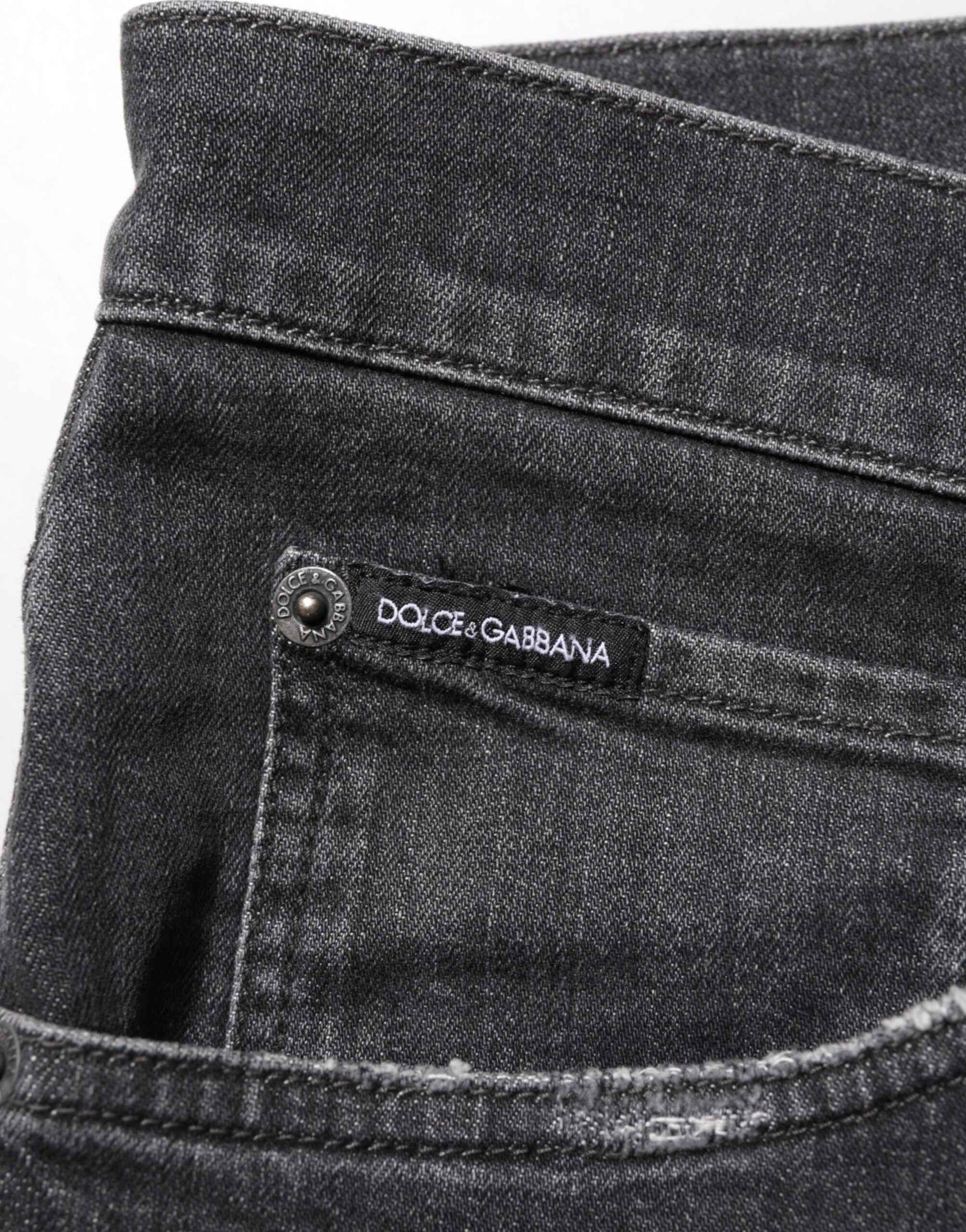 Dolce & Gabbana Black Cotton Slim Fit Distressed Ripped Logo Jeans by Dolce & Gabbana