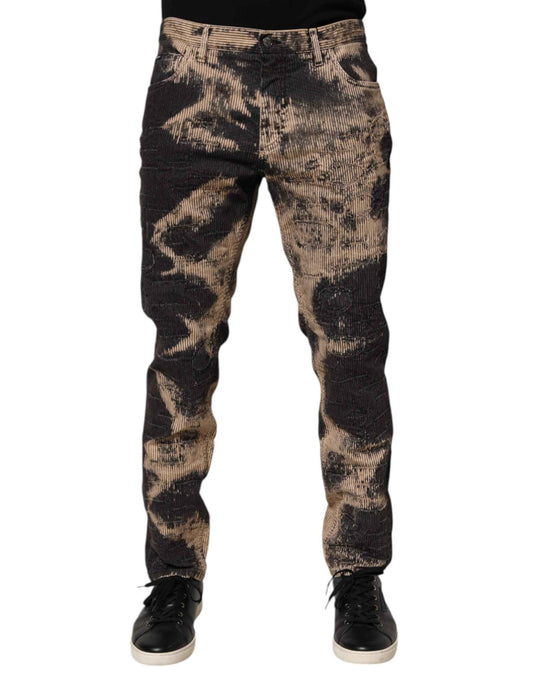 Dolce & Gabbana Beige Black Corduroy Tie-Dye Cotton Blend Pants by Dolce & Gabbana