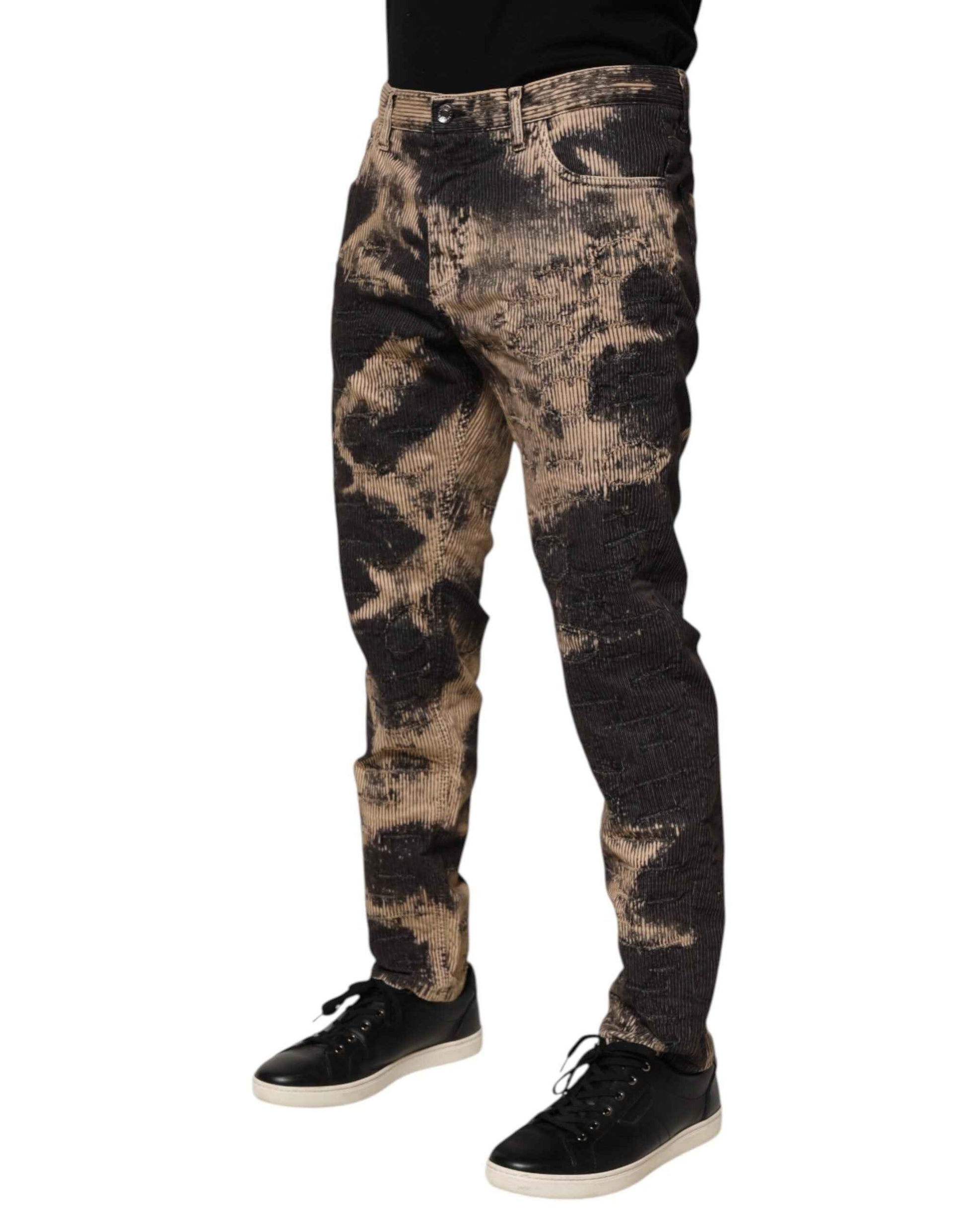 Dolce & Gabbana Beige Black Corduroy Tie-Dye Cotton Blend Pants by Dolce & Gabbana