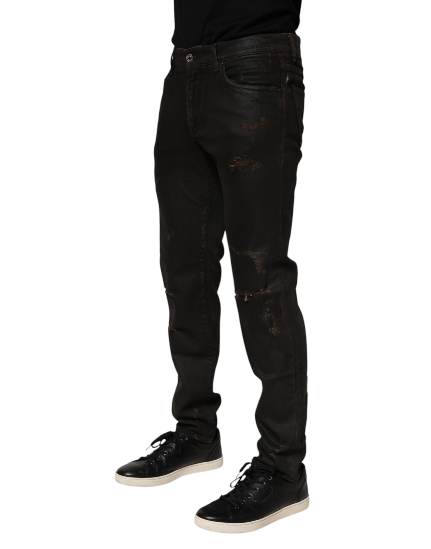 Dolce & Gabbana Dark Brown Tattered Cotton Skinny Denim Jeans - from Dolce & Gabbana