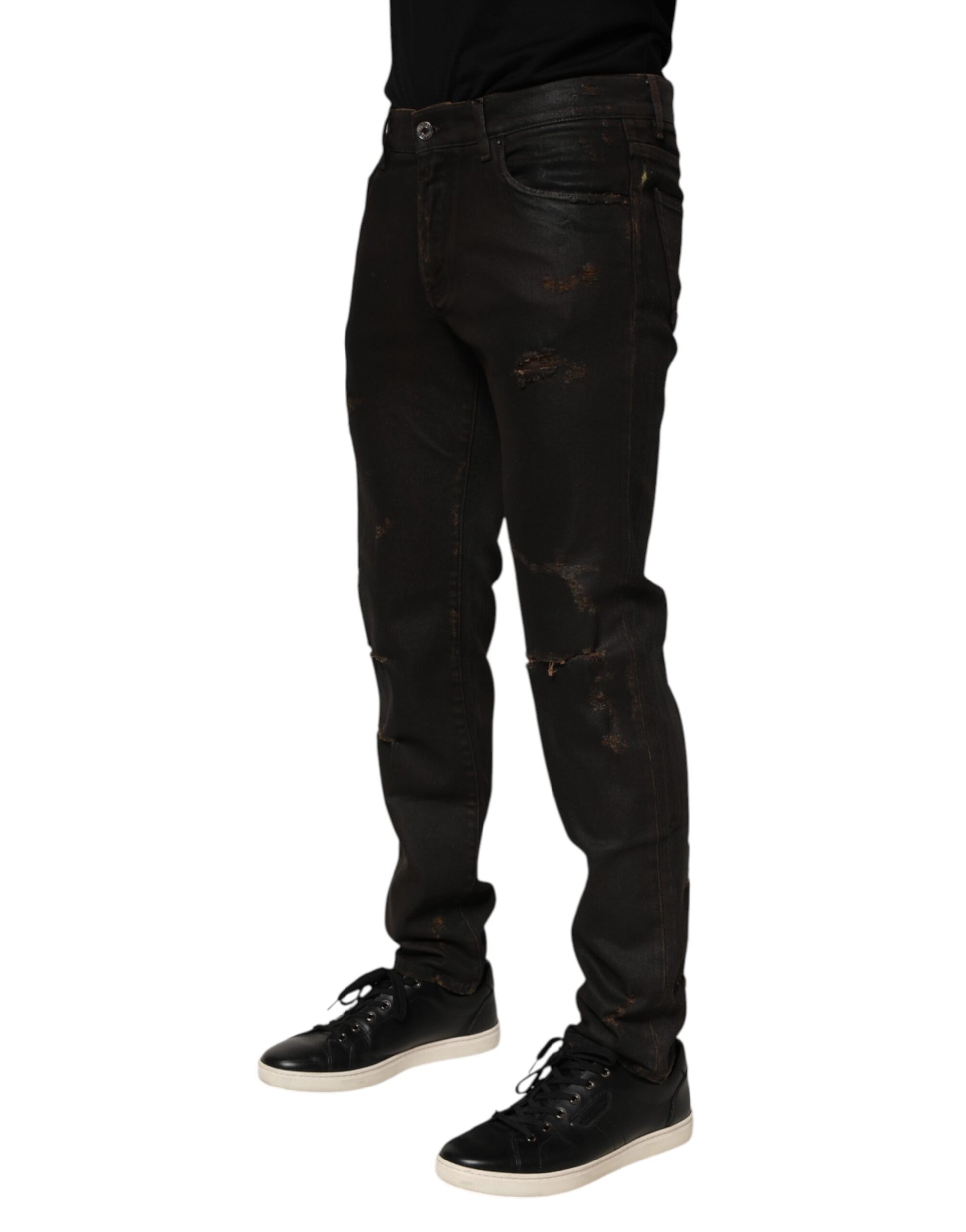 Dolce & Gabbana Dark Brown Tattered Cotton Skinny Denim Jeans - from Dolce & Gabbana