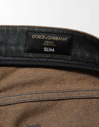 Dolce & Gabbana Dark Brown Tattered Cotton Skinny Denim Jeans by Dolce & Gabbana